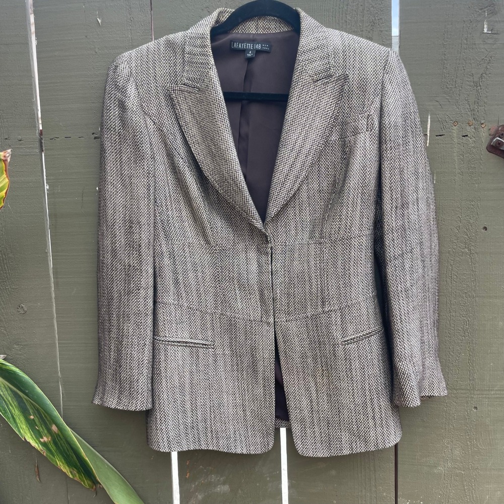 Lafayette 148 Blazer Size 4 Brown Linen Silk Textured Tailored Structured Jacket